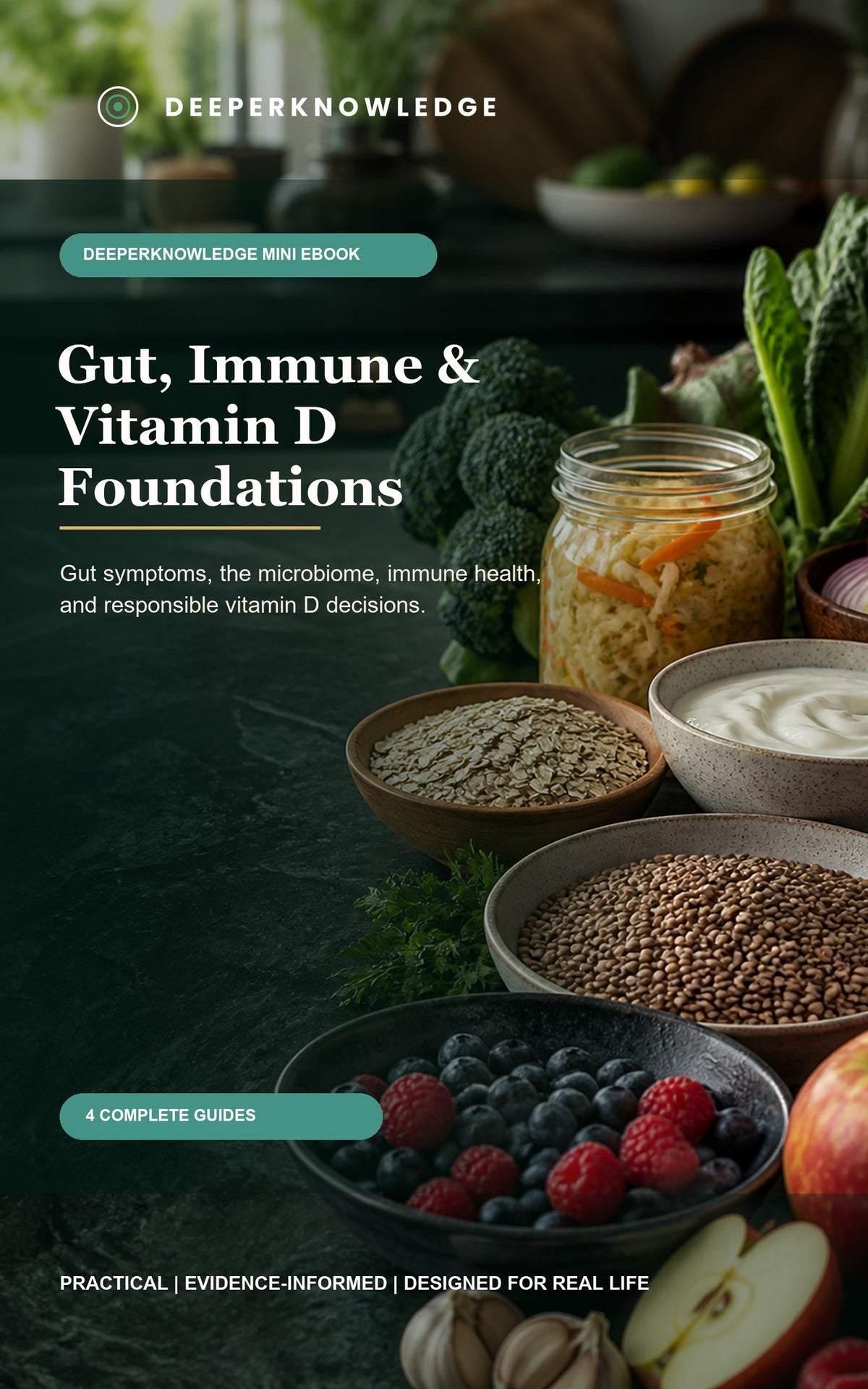 Gut, Immune & Vitamin D Foundations — cover of the four-guide collection on digestion, the microbiome and vitamin D
