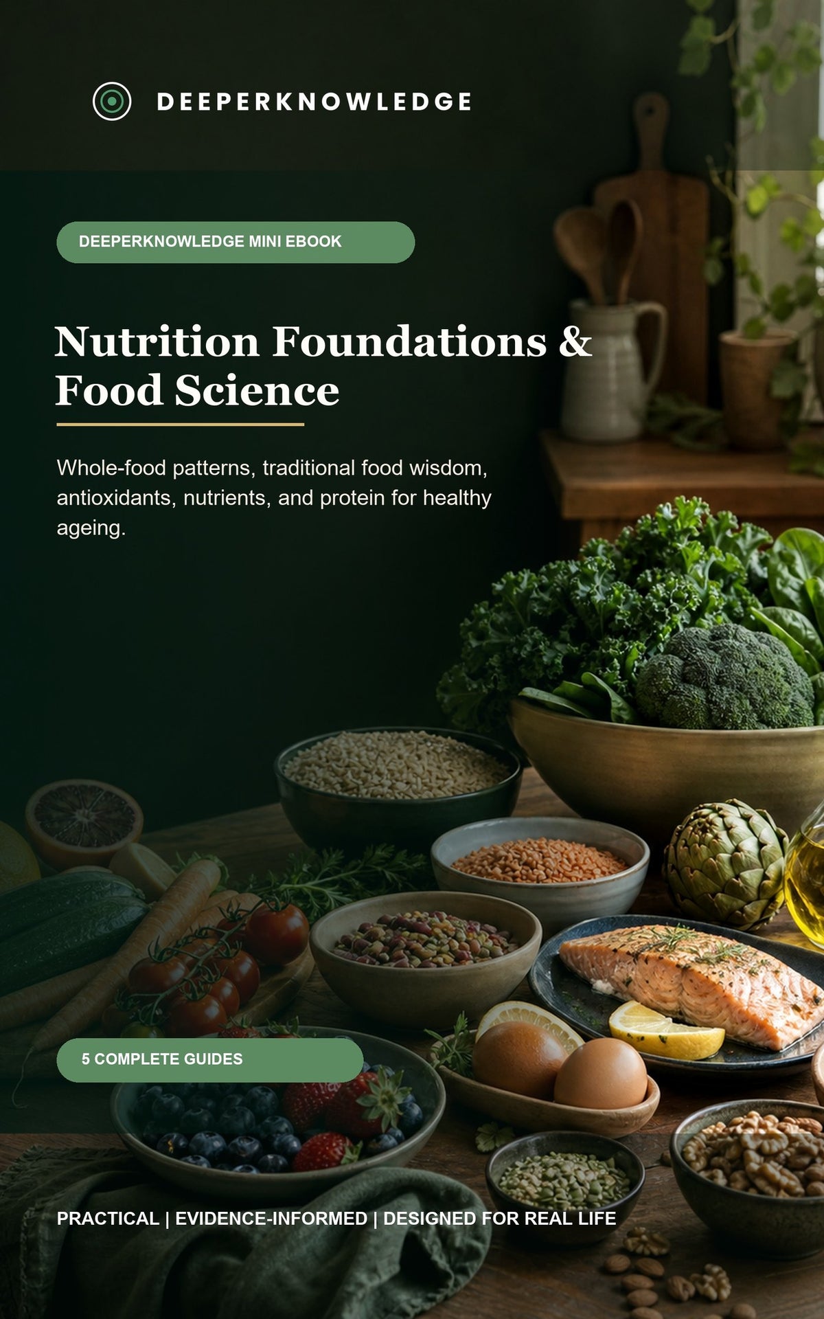 Nutrition Foundations & Food Science — cover of the five-guide collection on whole foods, antioxidants and protein