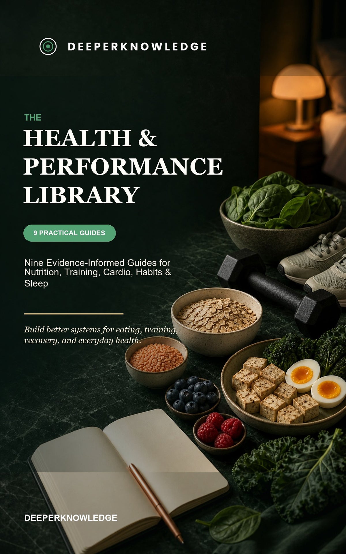 The Health & Performance Library — cover of the nine-guide collection on habits, labels, cardio and sleep